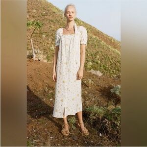 Sleeper Brigitte Midi Linen Dress in Daisy Floral Print